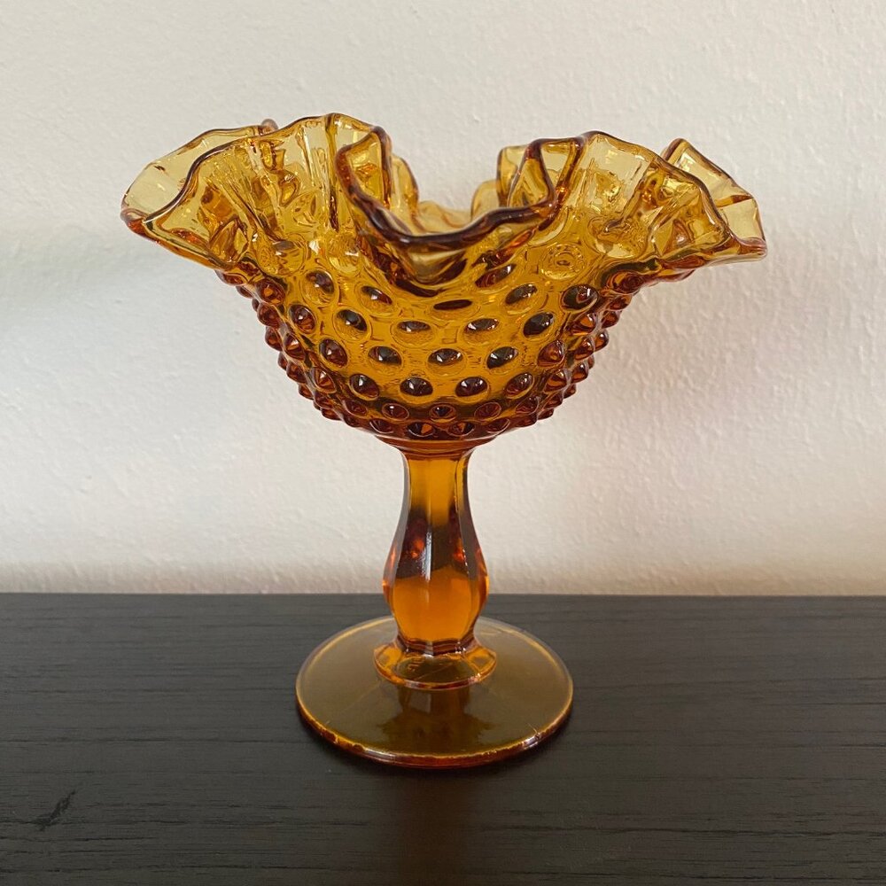 Fenton Amber Hobnail Glass Ruffled Candy Trinket Dish